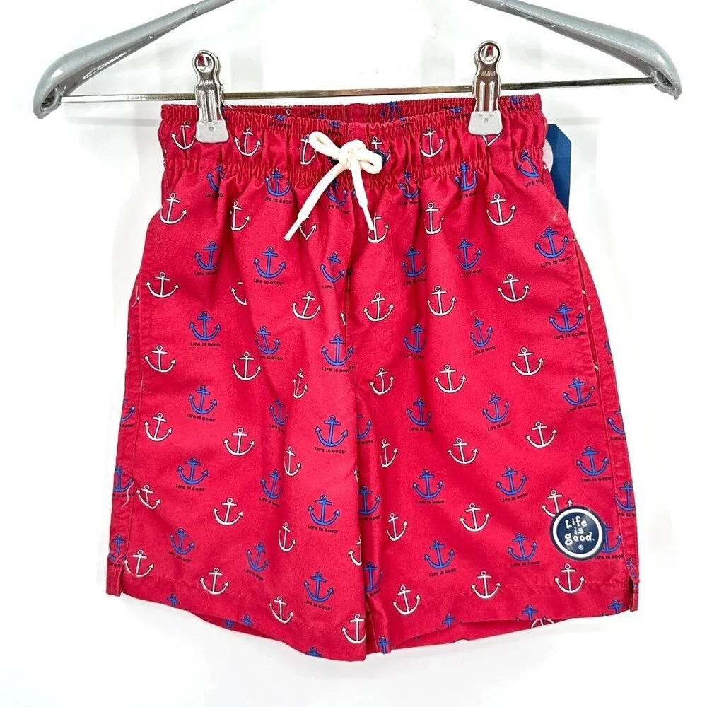 Life is Good Boy's Anchor Swim Trunk in Red Combo sz 4/5 NWT